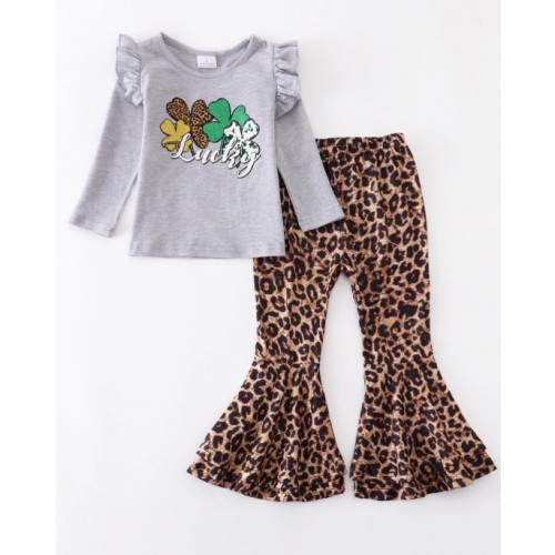 Leopard Clover Ruffle Bellbottom  Pant Set